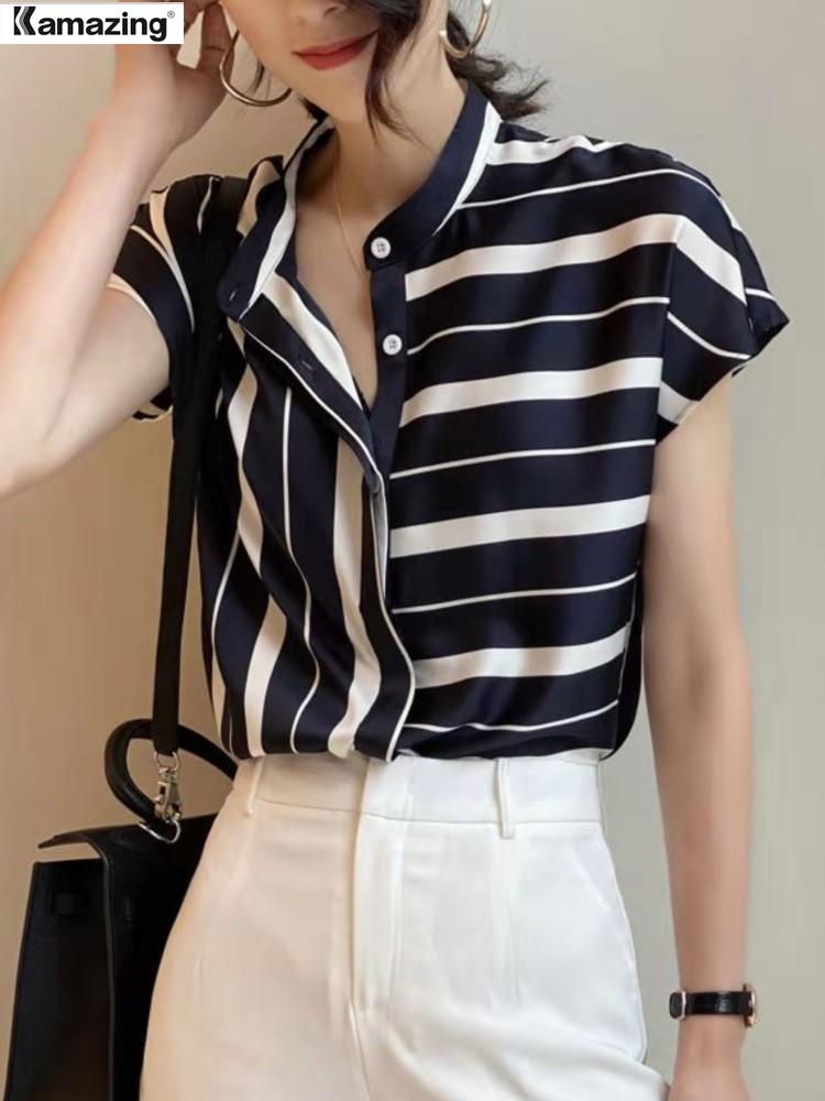 lovevop Lizakosht Summer Women Casual Striped Shirt Office Lady Short Sleeve Fashion Chiffon Shirt Top Female Blouse