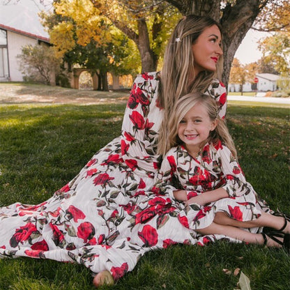 Lovevop Mother and Daughter Dress Long Sleeve Family Matching Clothes Floral Family Look Outfits Mommy And Me Kids Dresses For Girls