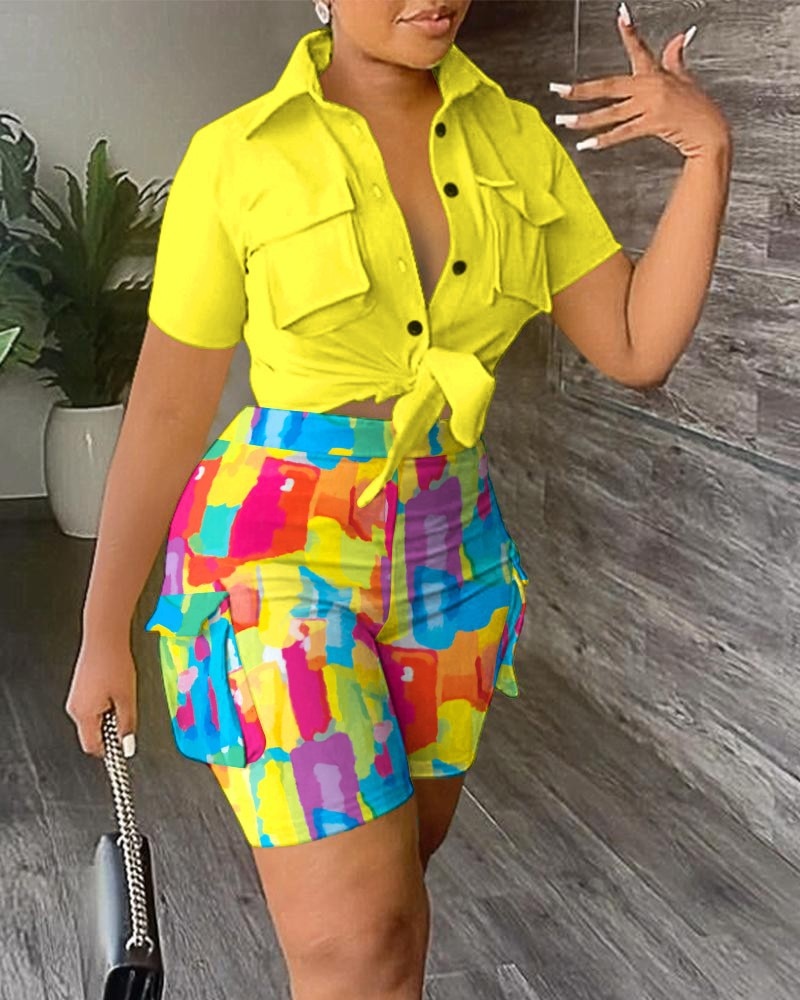 lovevop Two Piece Sets Women Outifits  Summer Fashion Print Turn-Down Collar Short Sleeve Tied Detail Top & Casual Pocket Shorts Set