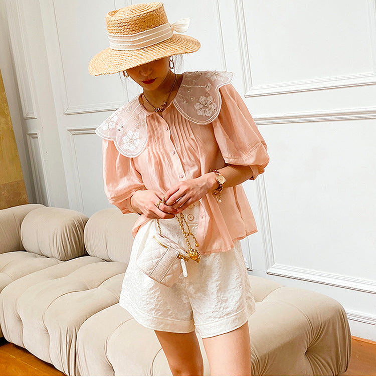 lovevop GypsyLady Elegant Chic White Blouse Shirt Loose Floral Embroidery Summer Women Blouse Lantern Sleeve Beading Office Ladies Tops