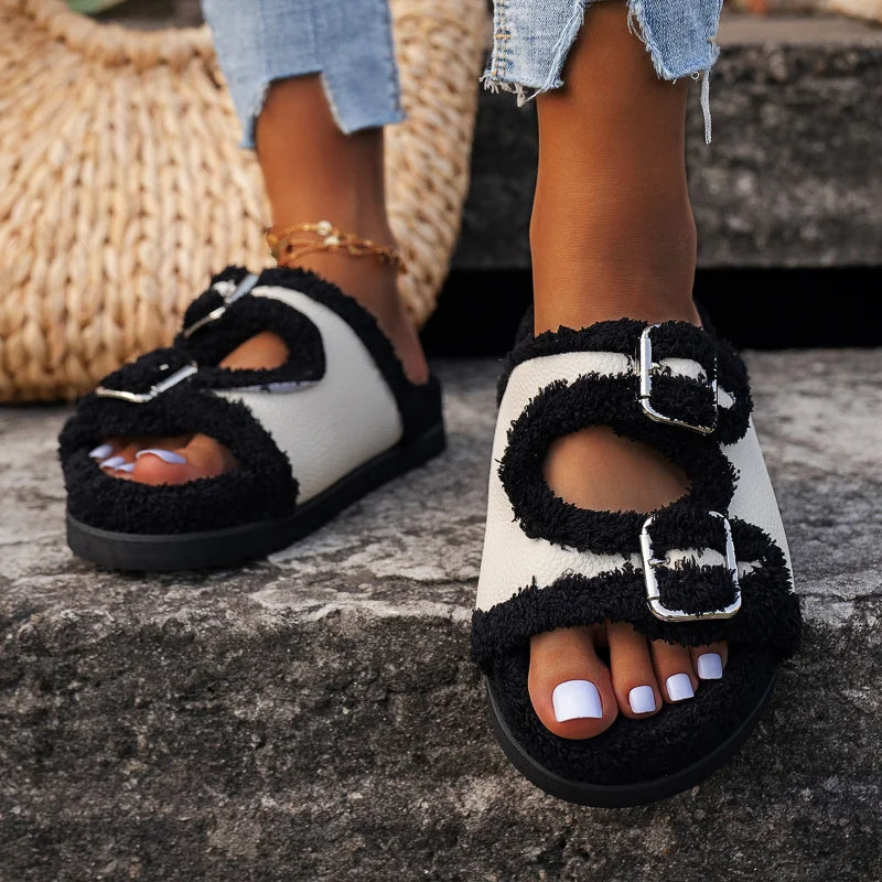 Women's Slippers Fur Plush Platform Wear Non-slip Slippers Casual Fashion Pin Buckle Roman Flip-flops Winter New Style