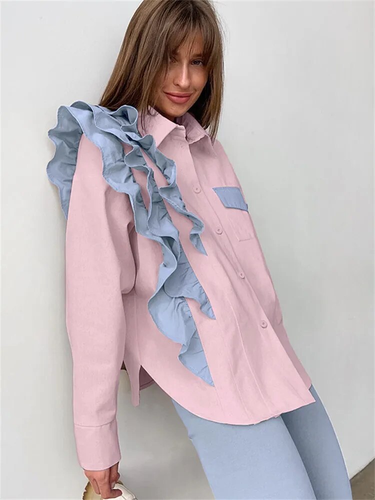 lovevop Lizakosht -  Ruffled Patchwork Fashion Shirts For Women Pocket Lapel Casual Long Sleeve Cardigan Elegant Contrast Female Blouse Y2k Top