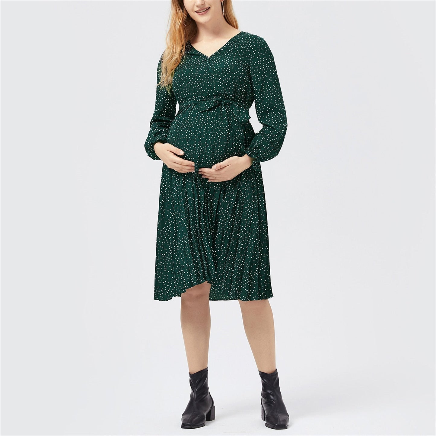 Lovevop Nursing Polka Dot Long-Sleeve Belted Dress