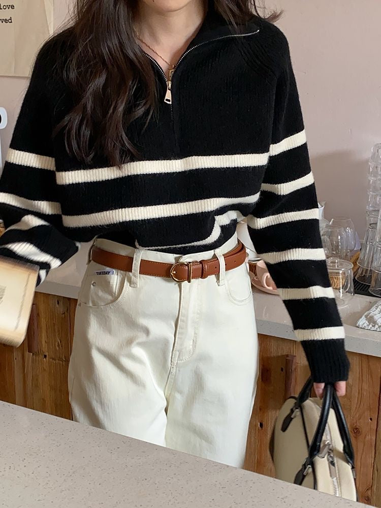 lovevop Lapel Zip Stripe Loose Long Sleeve Pullover Knit Sweater