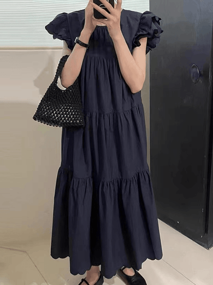 lovevop Fly-Sleeve Crew Neck Pleated Dress