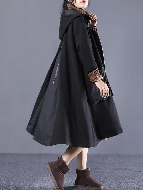 lovevop Loose A-line Split-joint Hooded Coat