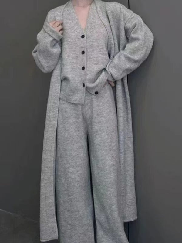 lovevop Casual Knitted Long Jacket&Vest&Pants 3 Pieces Suit