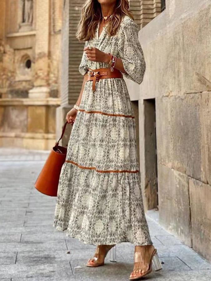 Loose Puff Sleeve Printed Long Sleeve Dress