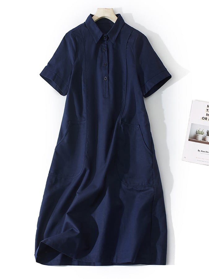 Lovevop Loose Solid Cotton Linen Lapel Short Sleeve Dress