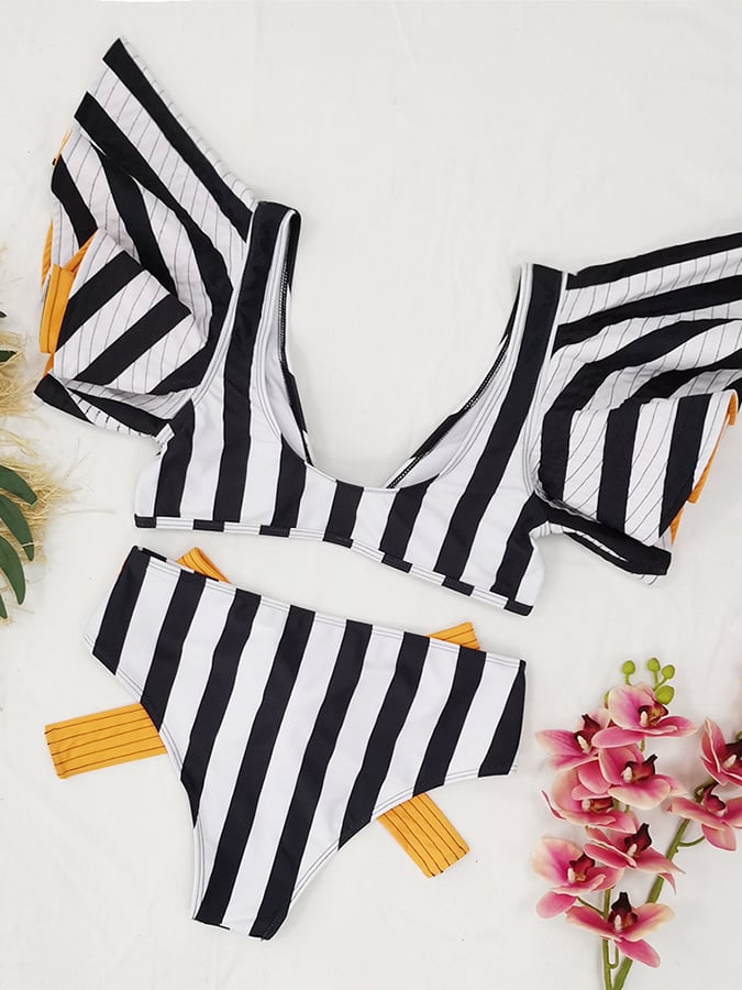 High Waisted Ruffled Strap Striped Split Swimsuit