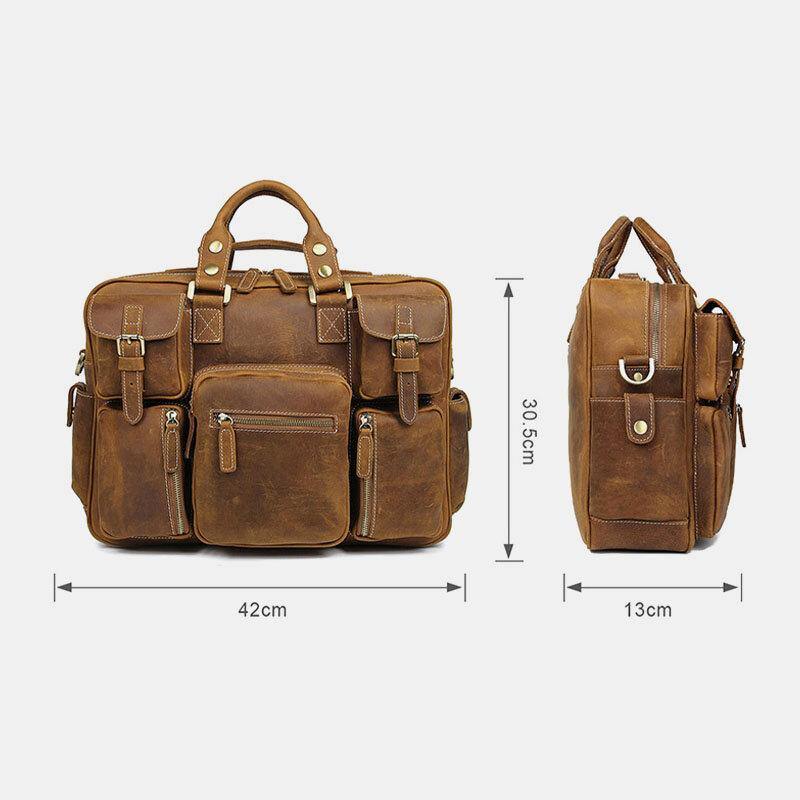 lovevop Men Genuine Leather Detachable Strap Large Multi-Pocket 15.6 Inch Laptop Bag Briefcase Messenger Bag Crossbody Bags