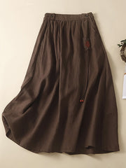 Lovevop Cotton Linen Semi-elastic Waist Pocket Casual Skirt