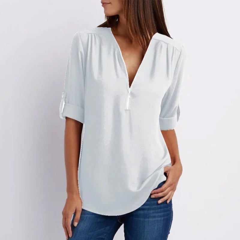 V Neck Zipper Patchwork Plain Blouses