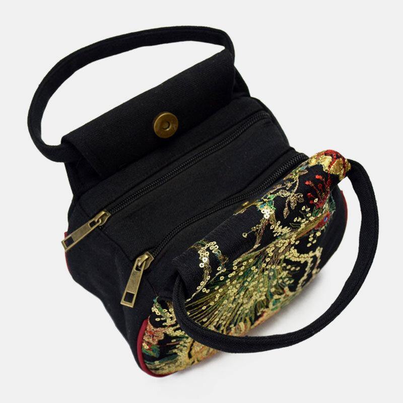 lovevop Women Canvas Ethnic Style Embroidery Peacock Pattern Casual Elegant Mini Ladies Handbag