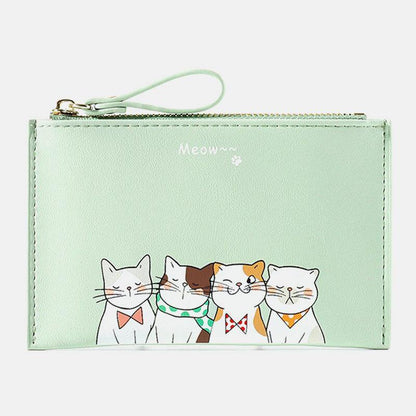 elvesmall Women Faux Leather Cute Cartoon Cats Printing Ultra-thin Card Case Coin Bag Wallet