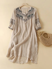 Cotton And Linen Ethnic Style Embroidery Loose Casual Slit V-neck Dress