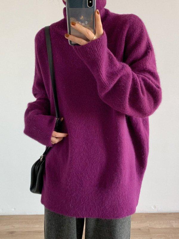 lovevop Casual Long Sleeves Loose Solid Color High-Neck Sweater Tops
