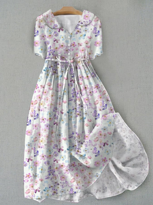 Lovevop Artistic Floral Print Doll Neck Dress