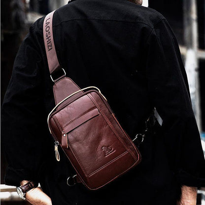 lovevop Men Genuine Leather Retro Business Casual Solid Color Leather Shoulder Bag Crossbody Bag Chest Bag