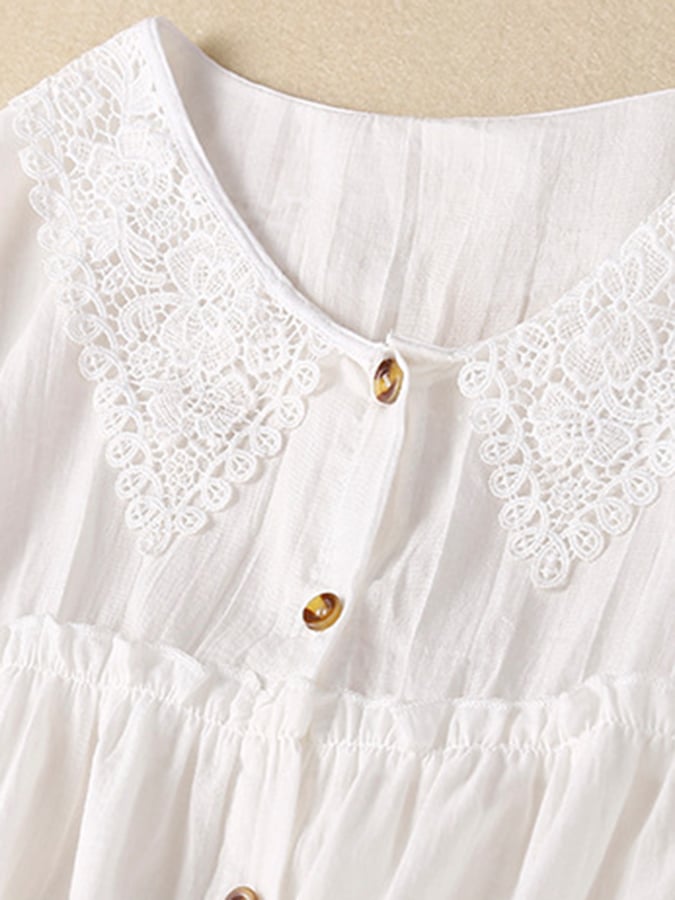Lovevop Cotton Fashion Lace Collar Thin Mid Sleeve Shirt