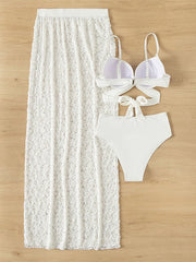 Elegant Lace Wrap Dress Three-piece Swimsuit