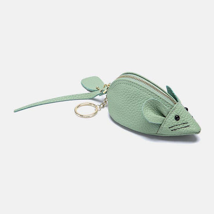 elvesmall Women Genuine Leather Casual Cute Animal Mouse Pattern Mini Keychain Coin Bag Storage Bag