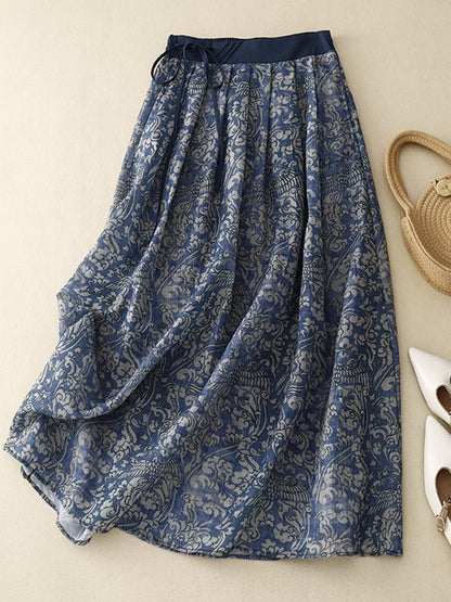 Lovevop Retro Pattern Print Belt Waist Contrast Color Loose Skirt