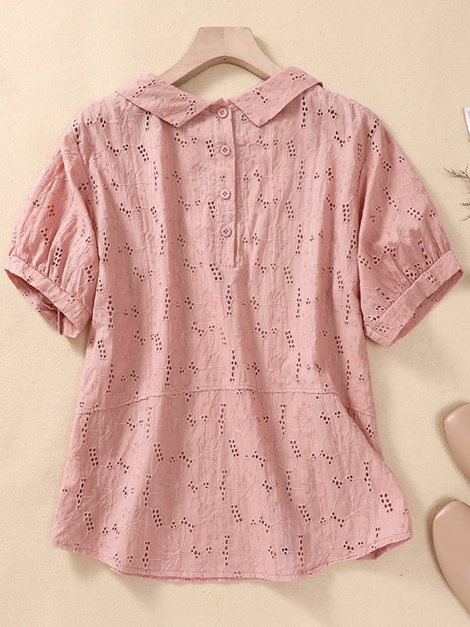 Lovevop Cotton Peter Pan Neck Hollow Embroidered Sleeves Casual Shirt