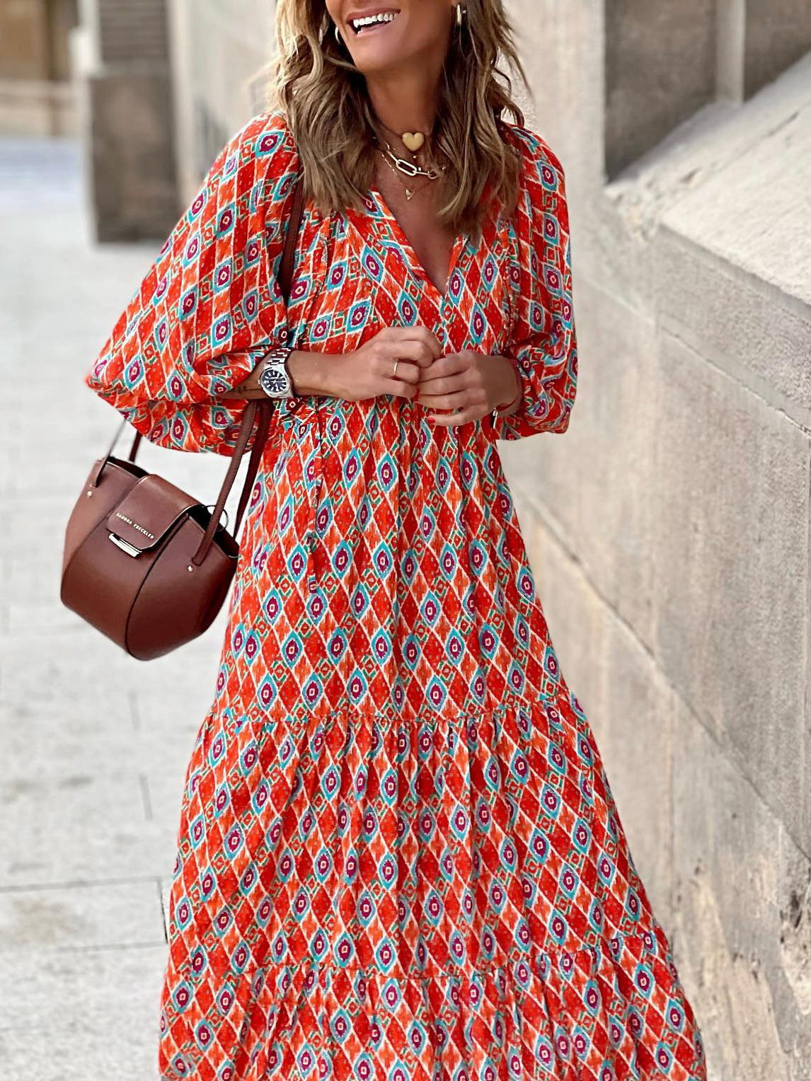 Printed Patch Puff Sleeve Dress