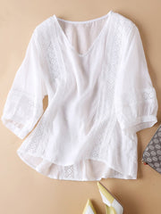 Lovevop Cotton V-Neck Pullover Lace Solid Shirt