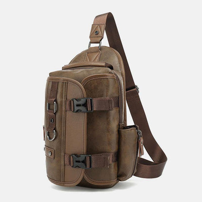 lovevop Men PU Leather Vintage Multifunction Earphone Hole USB Charging Crossbody Bag Chest Bag Sling Bag