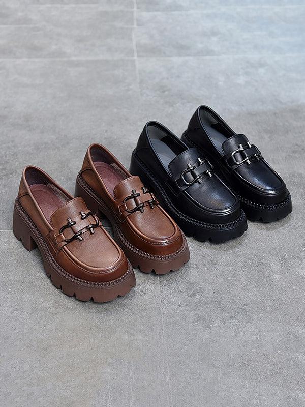 lovevop Vintage Black&Brown Solid Color Loafers Platform Shoes