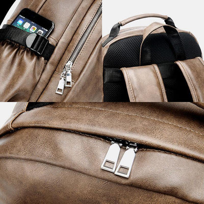 lovevop Men PU Leather USB Charging Business Casual Waterproof 14 Inch Laptop Bag Student School Bag Adjustable Backpack