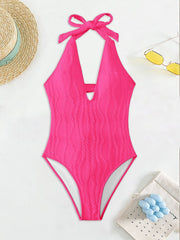 Solid Color Neck Tie Up V-Neck One Piece Swimsuit