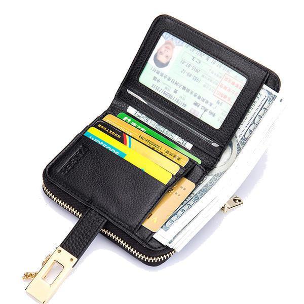 elvesmall Women Genuine Leather Zipper Card Holder Chain Lock Short Purse Wallets