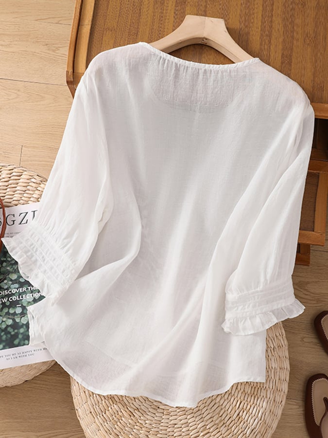 Lovevop Cotton Fashion Embroidered Round Neck Loose Shirt