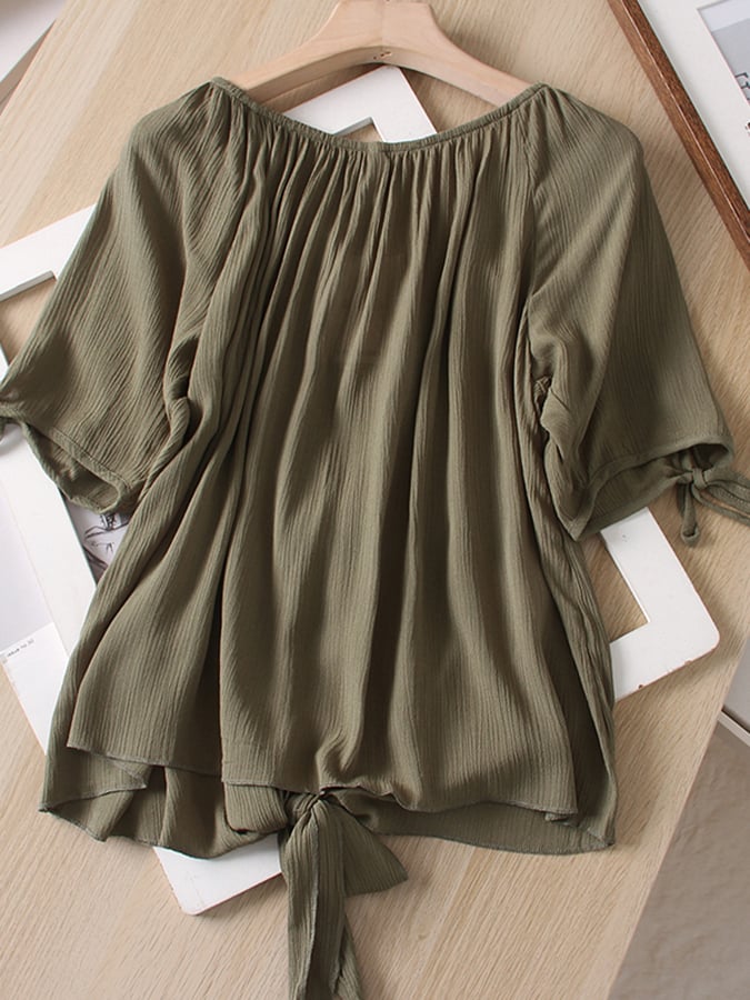 Lovevop Fashionable Pleated Lace Up Round Neck Shirt