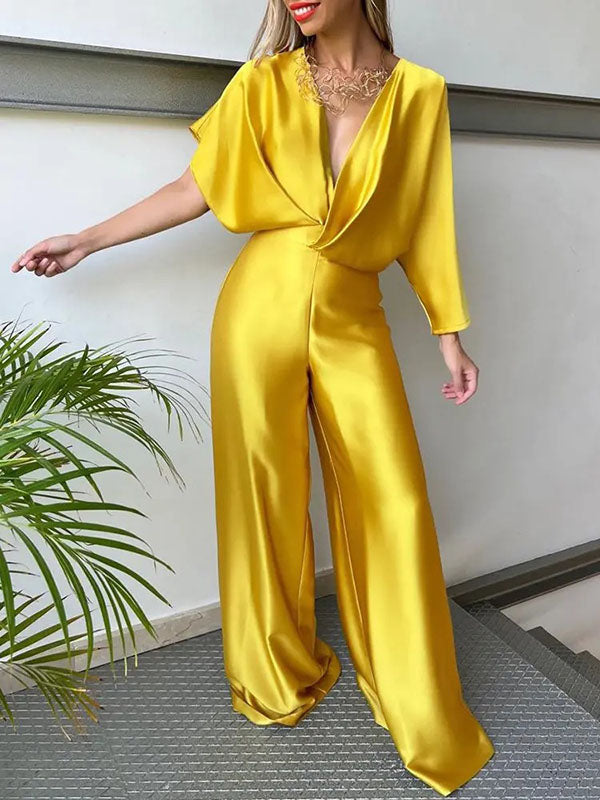 Love-vop - Asymmetric Solid Color Deep V-Neck Jumpsuits