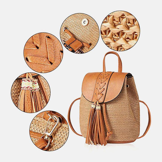 lovevop Women Tassel Straw Bag Retro Beach Bag Backpack Bucket Bag