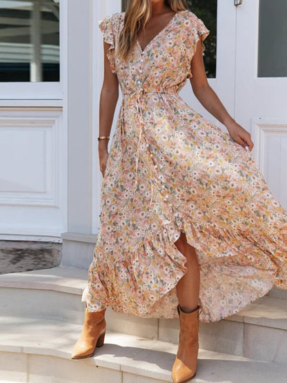 V-Neck Printed Dress Single-breasted Irregular Waist Belt Long Dress