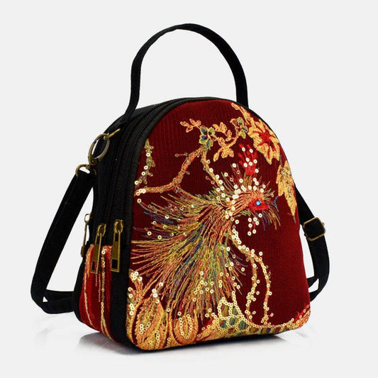 lovevop Women Canvas Ethnic Style Embroidery Peacock Pattern Sequin Mini Multi-carry Handbag Crossbody Bag