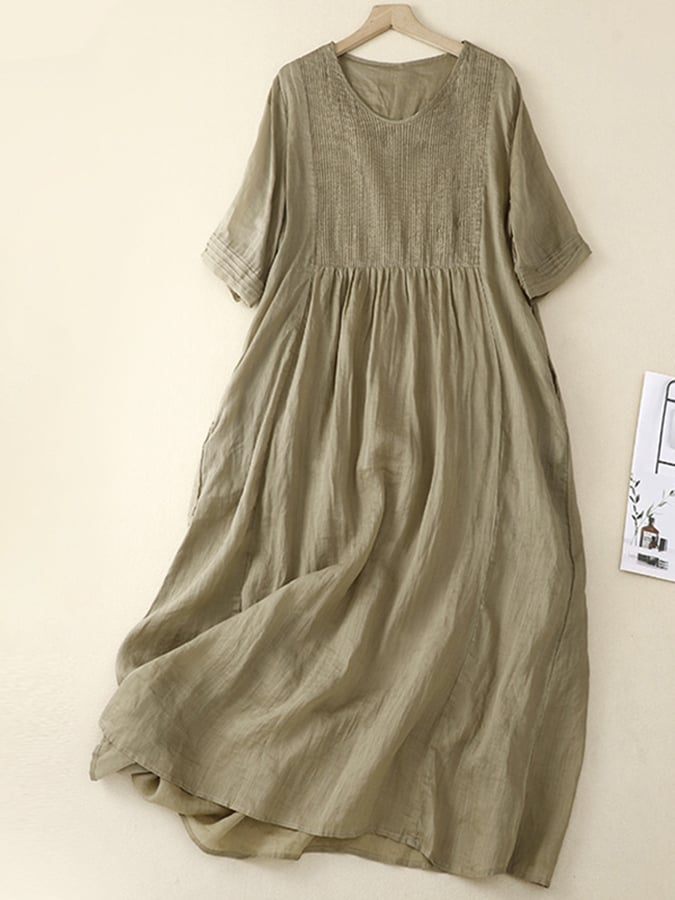 Lovevop Vintage Cotton And Linen Organ Pleated V-neck Short Sleeve Dress