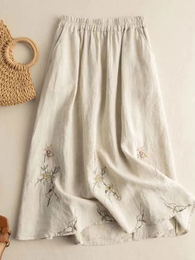 Lovevop Women's Cotton Linen Embroidered Mid Length Skirt