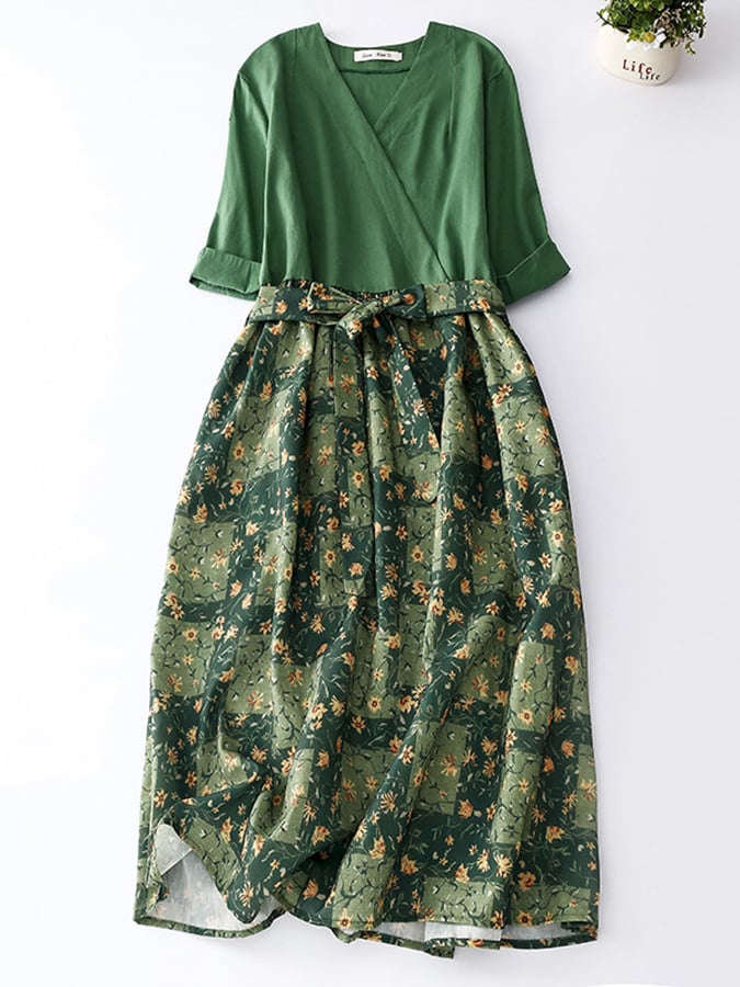 Lovevop Cotton And Linen Waistband Printed Floral Dress