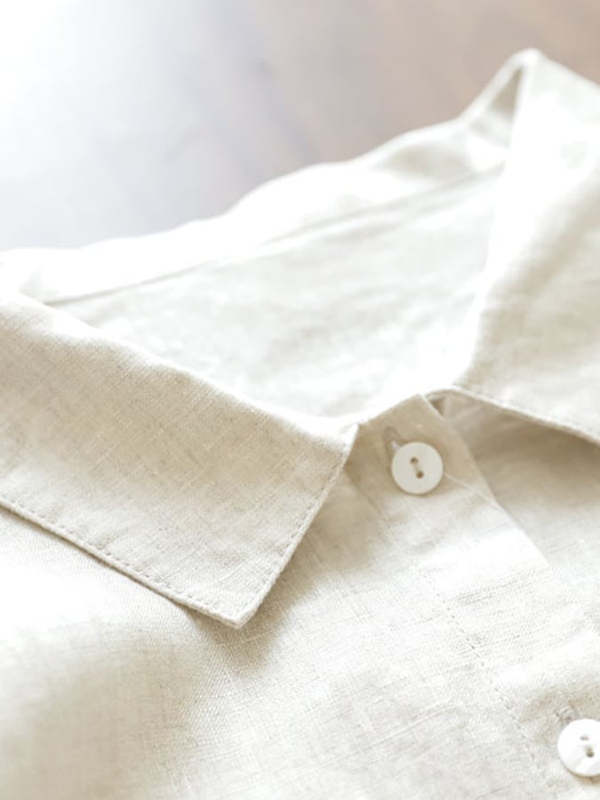 Lovevop Cotton Linen Lapel Button Belt Solid Color Shirt Dress