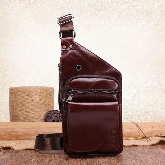 lovevop Men Genuine Leather Retro Business Leather Chest Bag Crossbody Bag With Earphone Hole