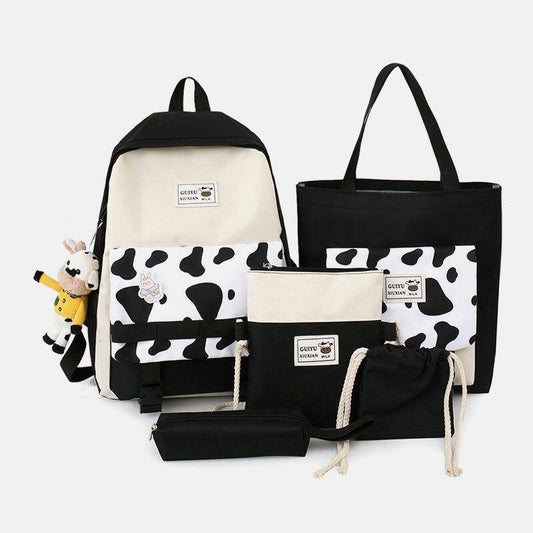 lovevop 5 PCS Canvas Preppy Cow Pattern Multifunction Combination Bag Backpack Tote Crossbody Bag Clutch Wallet