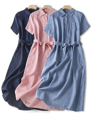 Lovevop Cotton And Linen Solid Color Shirt Collar Belt Dress