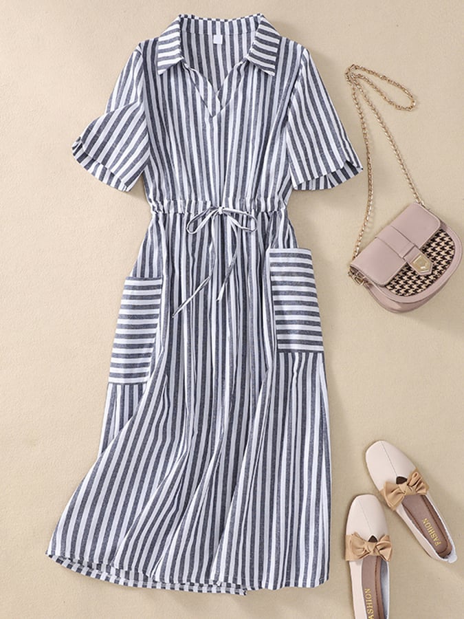 Lovevop Artistic Cotton And Linen Striped Dress