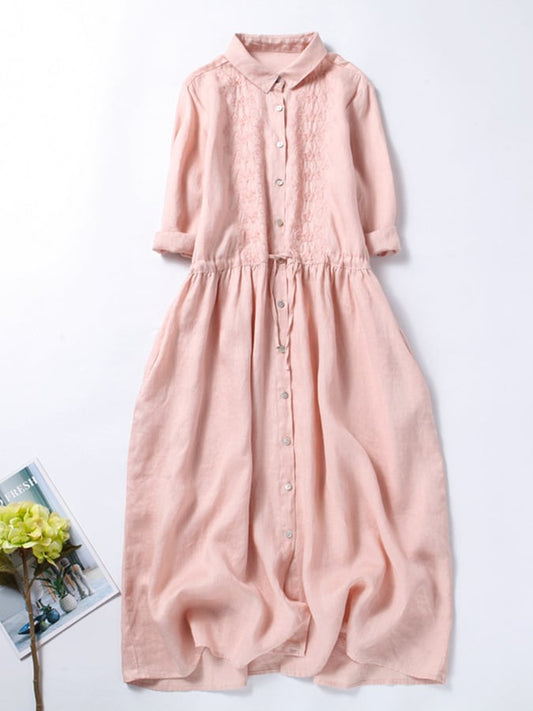 Lovevop 3/4 Sleeves Cotton Linen Loose And Slim Embroidered Dress